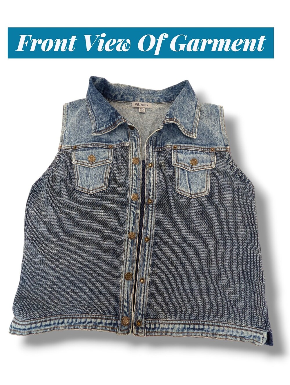 PBJ Blues Sz M Denim Knit Combo Vest Chambray Sweater Sleeveless Jacket - Picture 13 of 16
